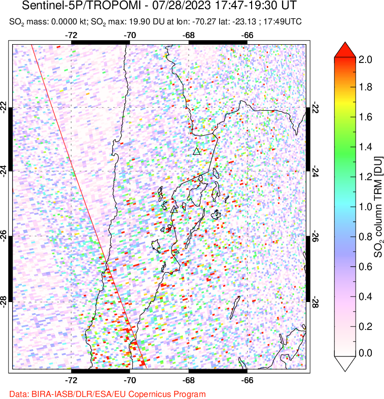 A sulfur dioxide image over Northern Chile on Jul 28, 2023.