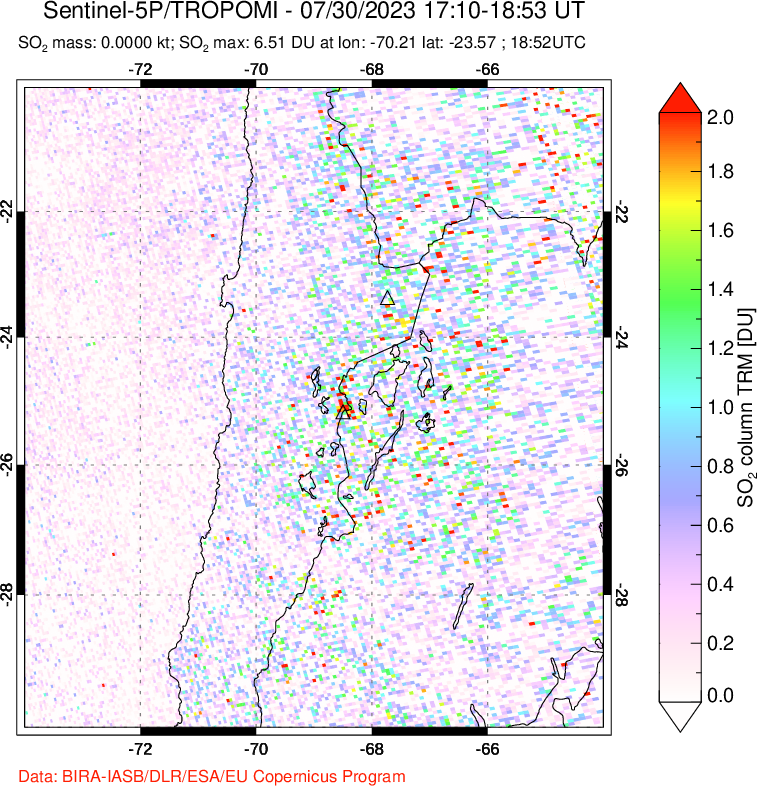 A sulfur dioxide image over Northern Chile on Jul 30, 2023.