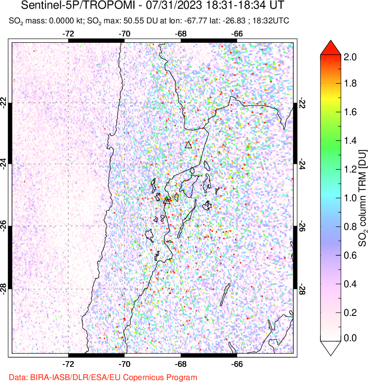 A sulfur dioxide image over Northern Chile on Jul 31, 2023.