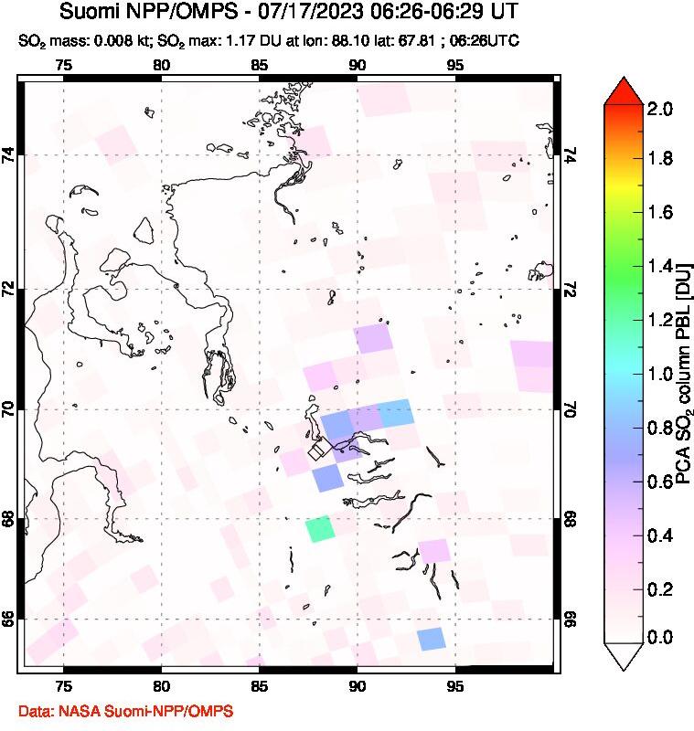 A sulfur dioxide image over Norilsk, Russian Federation on Jul 17, 2023.