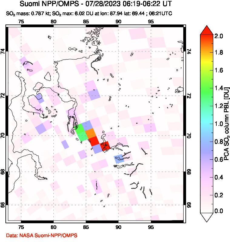 A sulfur dioxide image over Norilsk, Russian Federation on Jul 28, 2023.