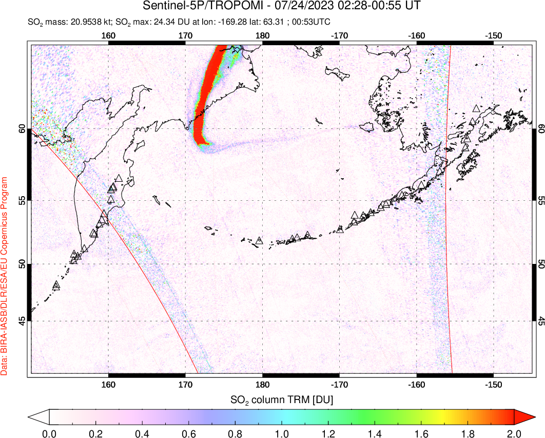 A sulfur dioxide image over North Pacific on Jul 24, 2023.