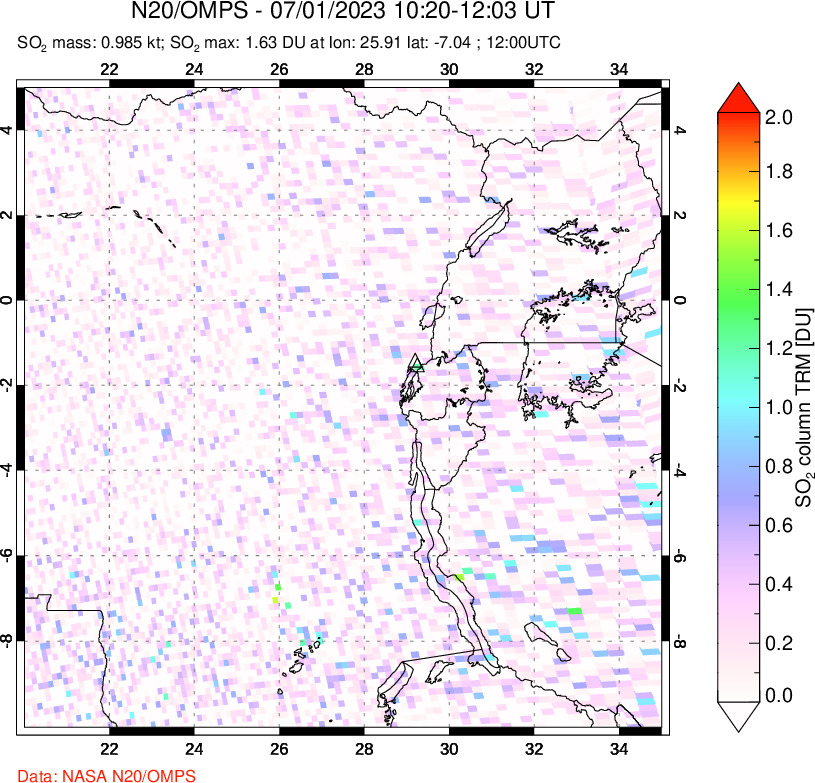 A sulfur dioxide image over Nyiragongo, DR Congo on Jul 01, 2023.