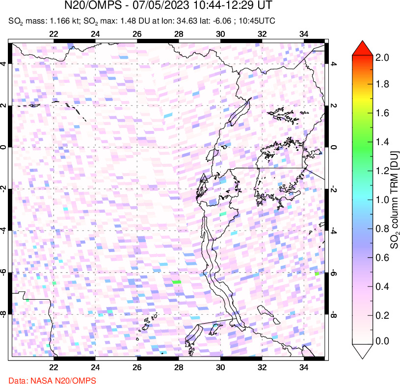 A sulfur dioxide image over Nyiragongo, DR Congo on Jul 05, 2023.