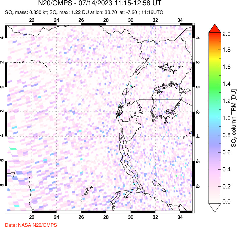 A sulfur dioxide image over Nyiragongo, DR Congo on Jul 14, 2023.