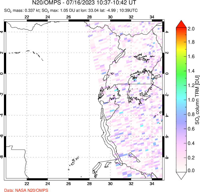 A sulfur dioxide image over Nyiragongo, DR Congo on Jul 16, 2023.