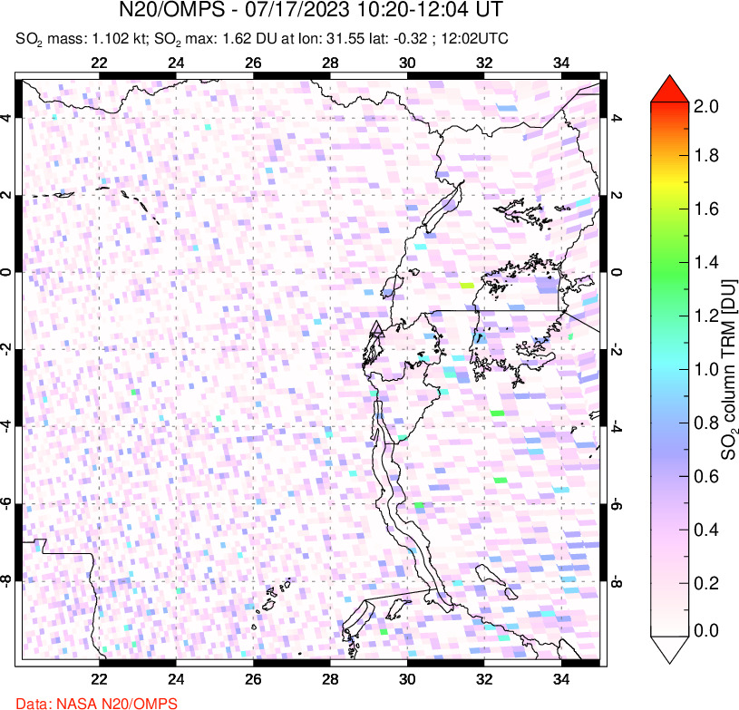 A sulfur dioxide image over Nyiragongo, DR Congo on Jul 17, 2023.