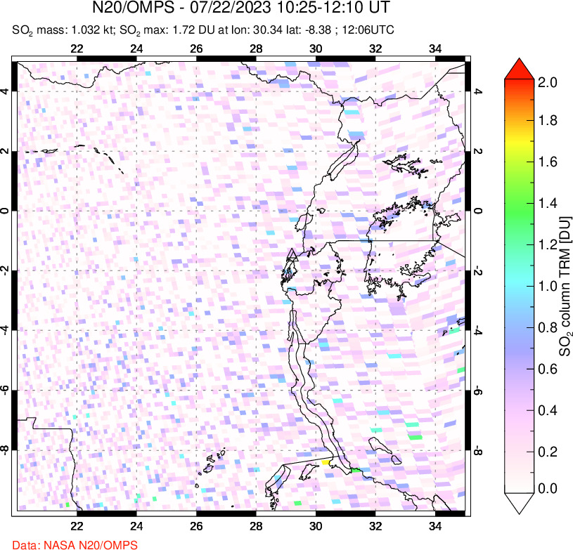 A sulfur dioxide image over Nyiragongo, DR Congo on Jul 22, 2023.