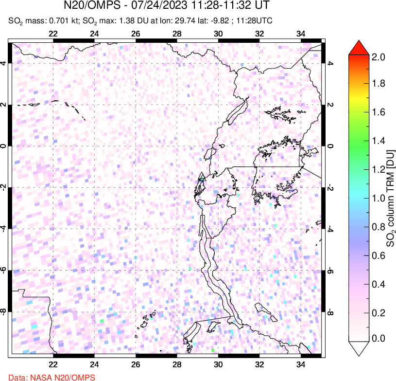 A sulfur dioxide image over Nyiragongo, DR Congo on Jul 24, 2023.