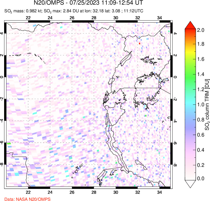 A sulfur dioxide image over Nyiragongo, DR Congo on Jul 25, 2023.