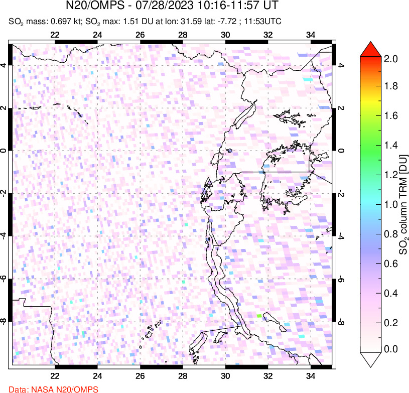 A sulfur dioxide image over Nyiragongo, DR Congo on Jul 28, 2023.