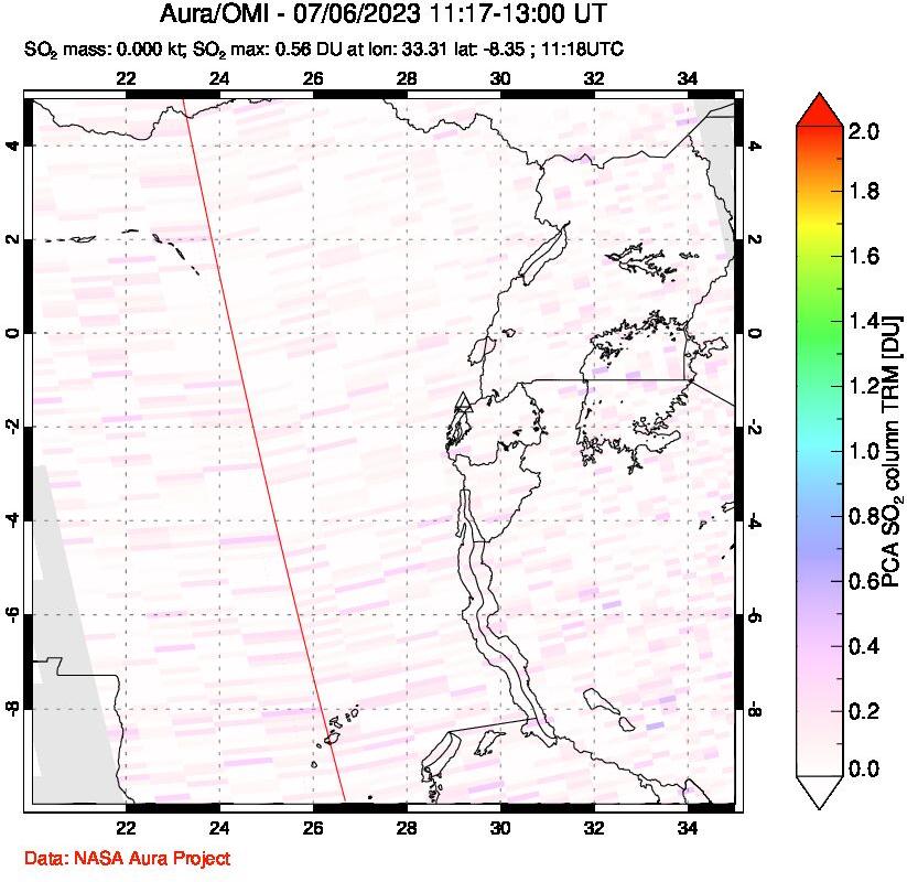 A sulfur dioxide image over Nyiragongo, DR Congo on Jul 06, 2023.