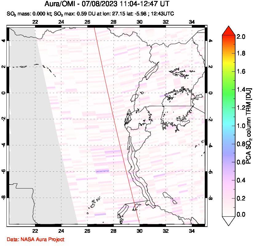 A sulfur dioxide image over Nyiragongo, DR Congo on Jul 08, 2023.