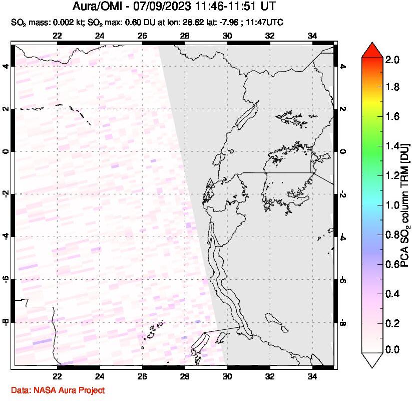 A sulfur dioxide image over Nyiragongo, DR Congo on Jul 09, 2023.