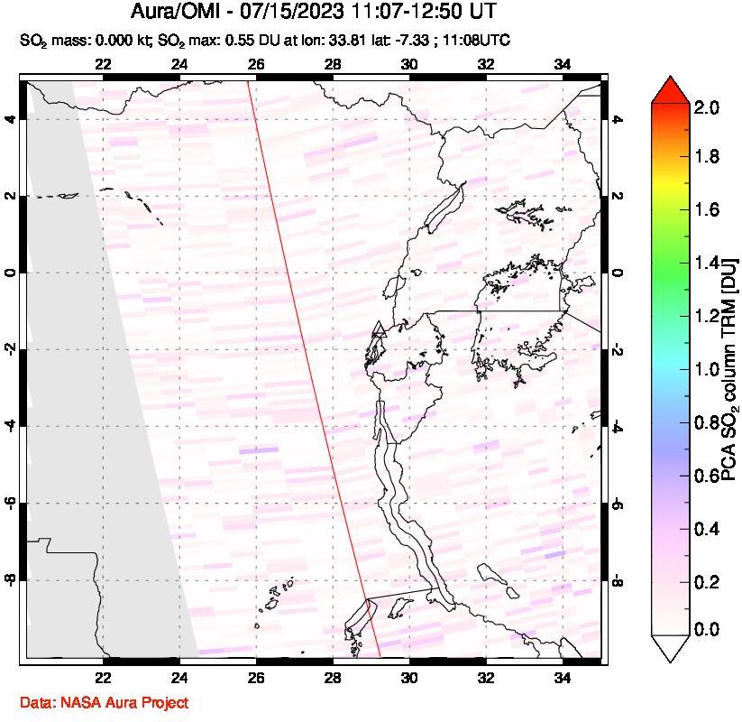 A sulfur dioxide image over Nyiragongo, DR Congo on Jul 15, 2023.