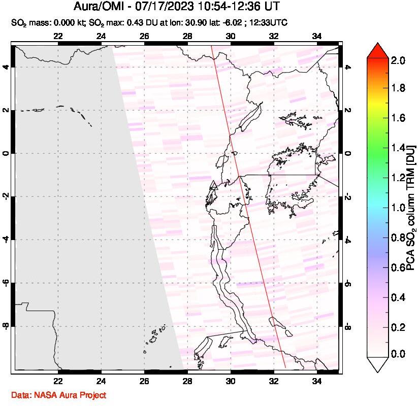 A sulfur dioxide image over Nyiragongo, DR Congo on Jul 17, 2023.