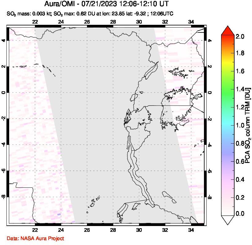 A sulfur dioxide image over Nyiragongo, DR Congo on Jul 21, 2023.