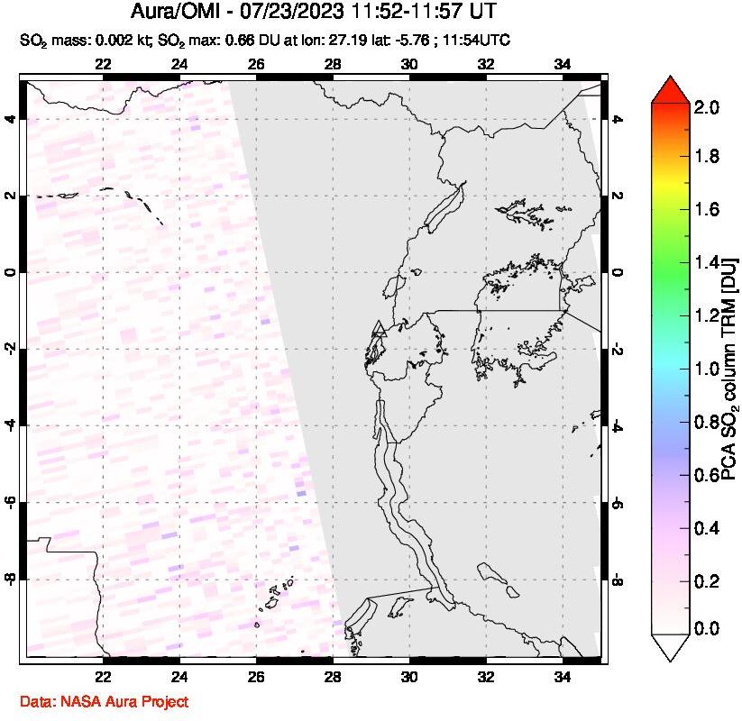 A sulfur dioxide image over Nyiragongo, DR Congo on Jul 23, 2023.