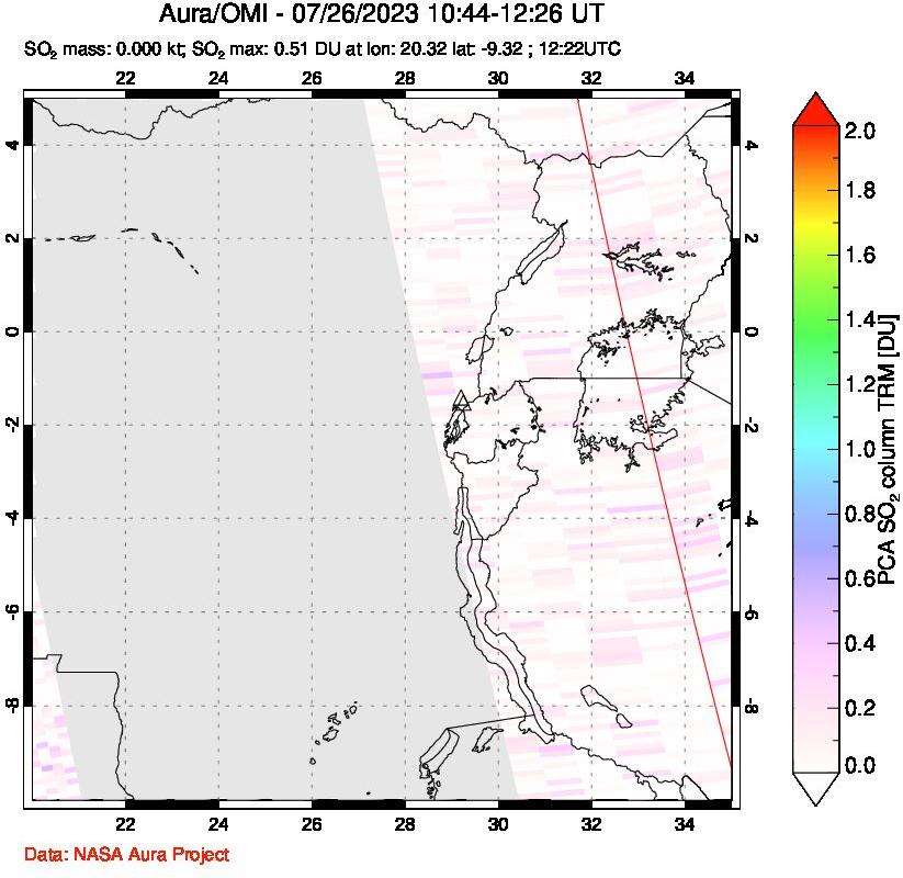 A sulfur dioxide image over Nyiragongo, DR Congo on Jul 26, 2023.