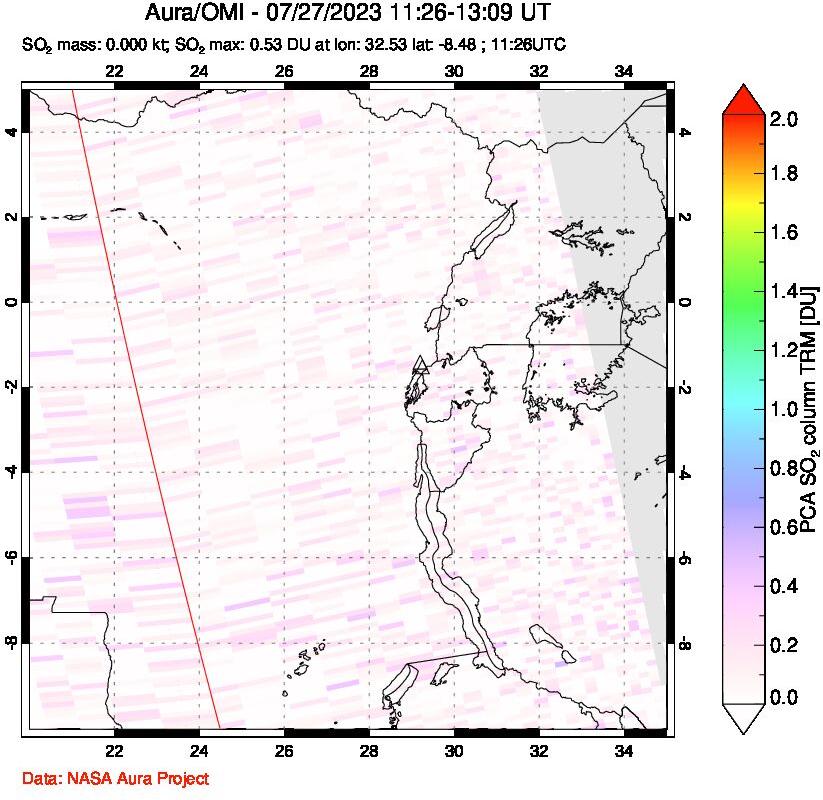 A sulfur dioxide image over Nyiragongo, DR Congo on Jul 27, 2023.