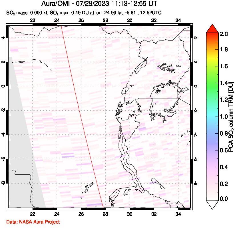 A sulfur dioxide image over Nyiragongo, DR Congo on Jul 29, 2023.