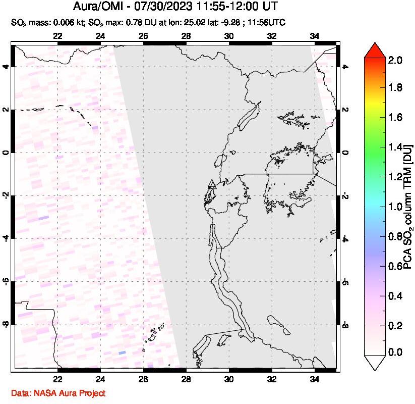 A sulfur dioxide image over Nyiragongo, DR Congo on Jul 30, 2023.