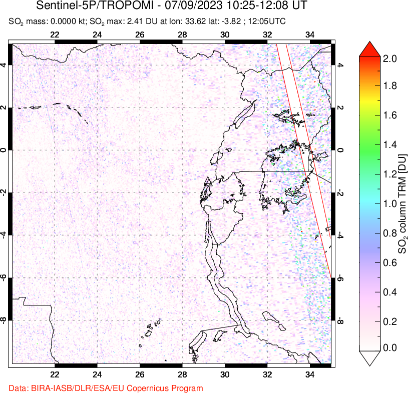 A sulfur dioxide image over Nyiragongo, DR Congo on Jul 09, 2023.