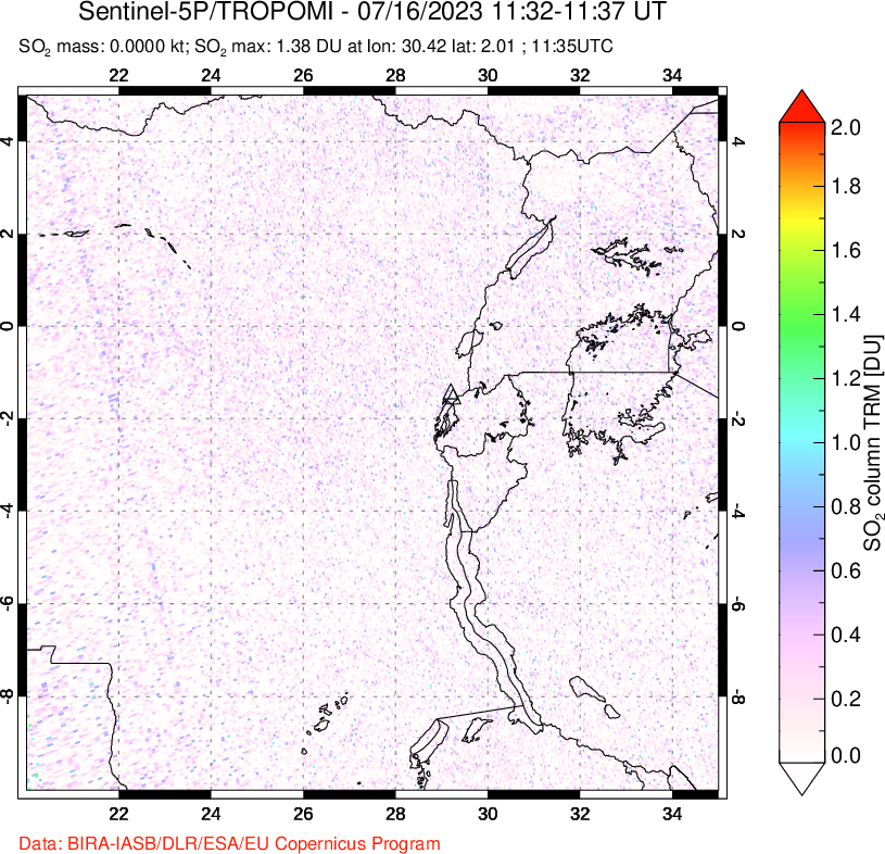 A sulfur dioxide image over Nyiragongo, DR Congo on Jul 16, 2023.