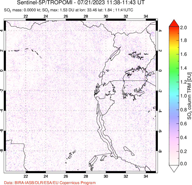 A sulfur dioxide image over Nyiragongo, DR Congo on Jul 21, 2023.