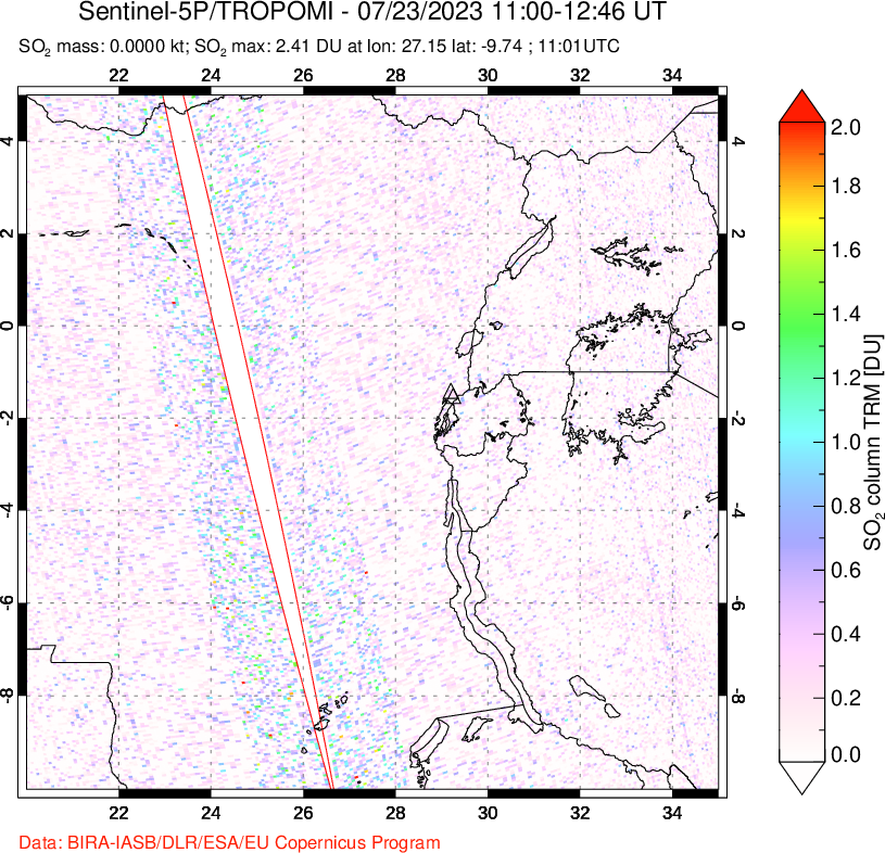 A sulfur dioxide image over Nyiragongo, DR Congo on Jul 23, 2023.