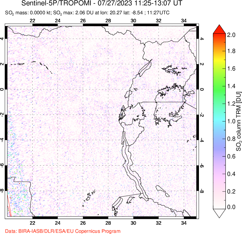 A sulfur dioxide image over Nyiragongo, DR Congo on Jul 27, 2023.