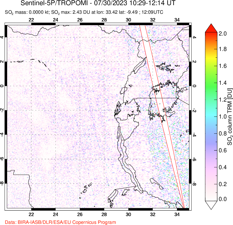 A sulfur dioxide image over Nyiragongo, DR Congo on Jul 30, 2023.