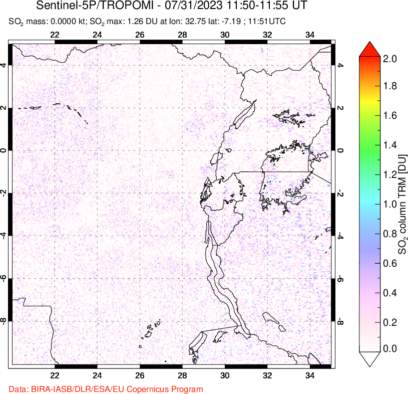 A sulfur dioxide image over Nyiragongo, DR Congo on Jul 31, 2023.