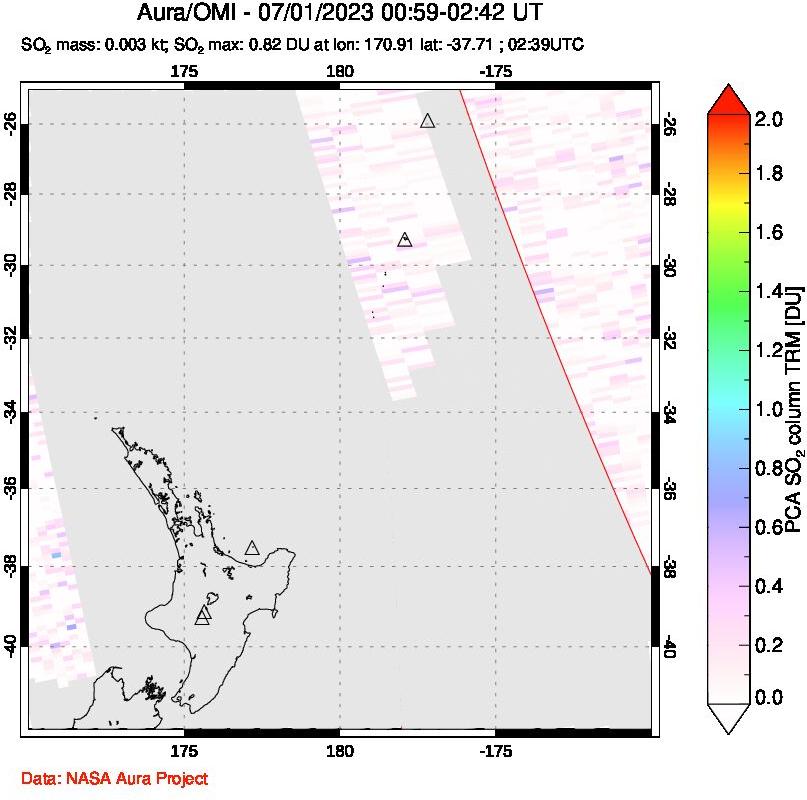 A sulfur dioxide image over New Zealand on Jul 01, 2023.