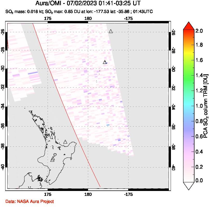 A sulfur dioxide image over New Zealand on Jul 02, 2023.
