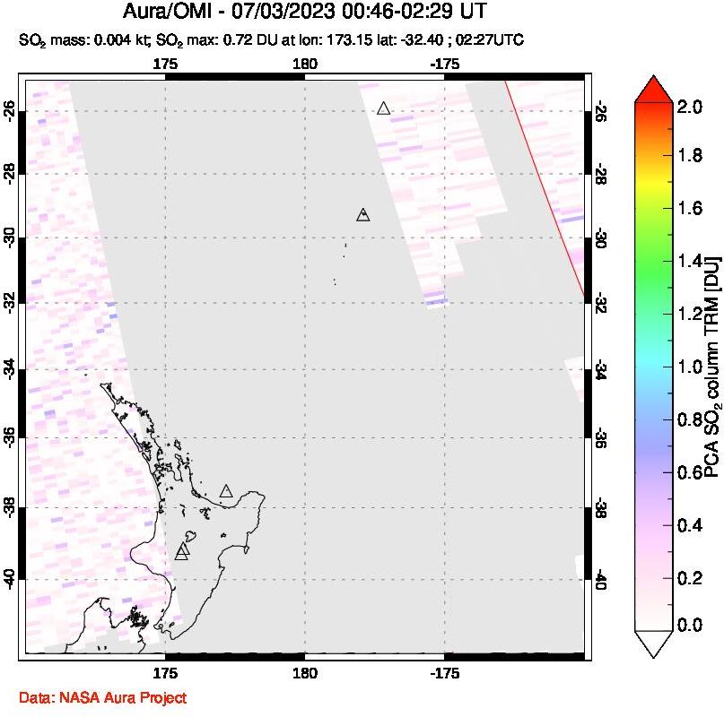 A sulfur dioxide image over New Zealand on Jul 03, 2023.
