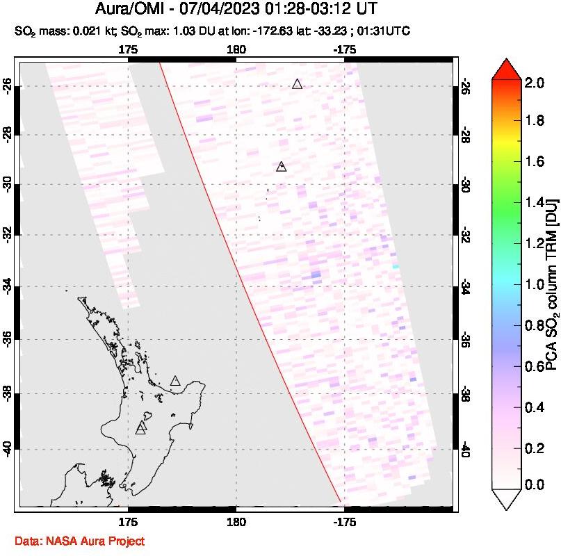 A sulfur dioxide image over New Zealand on Jul 04, 2023.