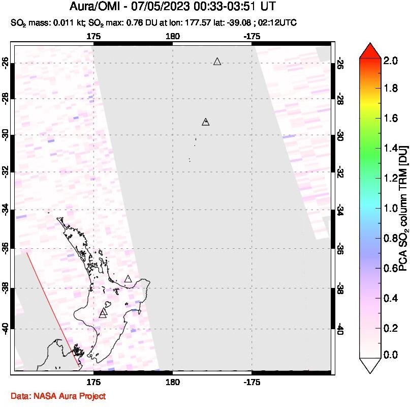A sulfur dioxide image over New Zealand on Jul 05, 2023.