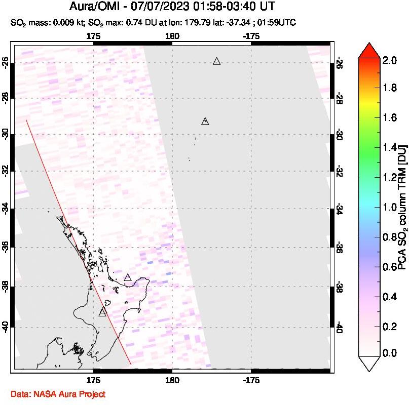 A sulfur dioxide image over New Zealand on Jul 07, 2023.