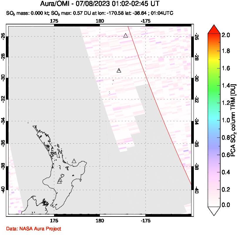 A sulfur dioxide image over New Zealand on Jul 08, 2023.