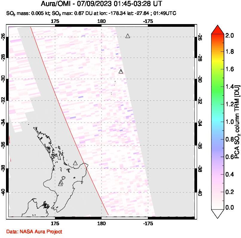 A sulfur dioxide image over New Zealand on Jul 09, 2023.