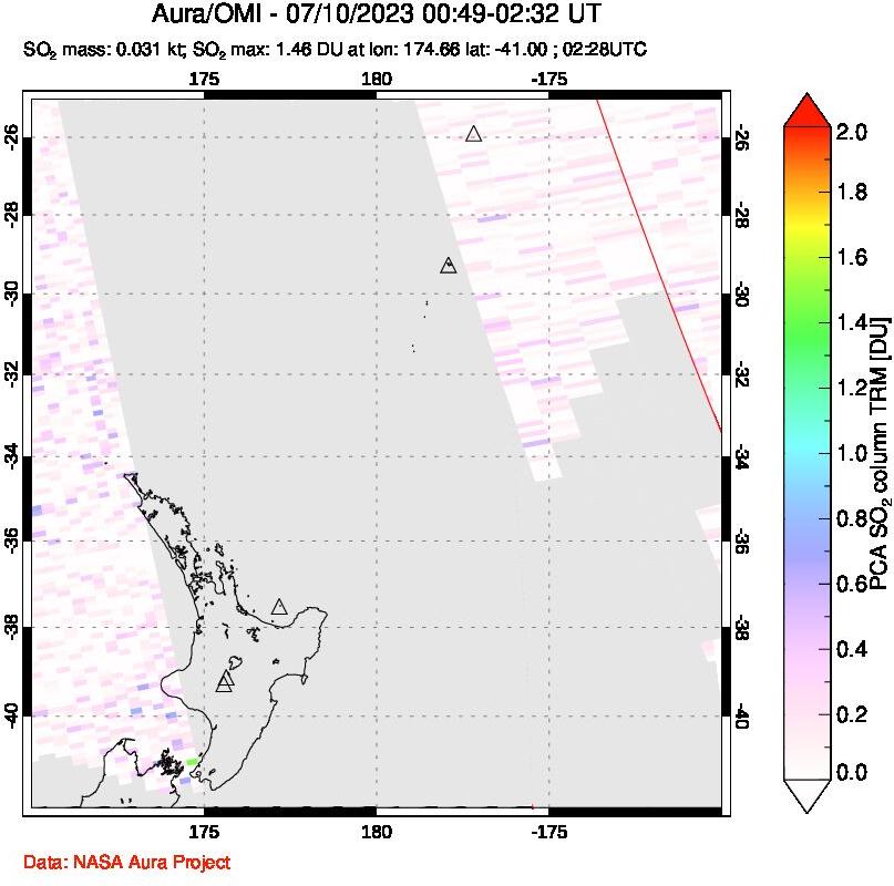 A sulfur dioxide image over New Zealand on Jul 10, 2023.