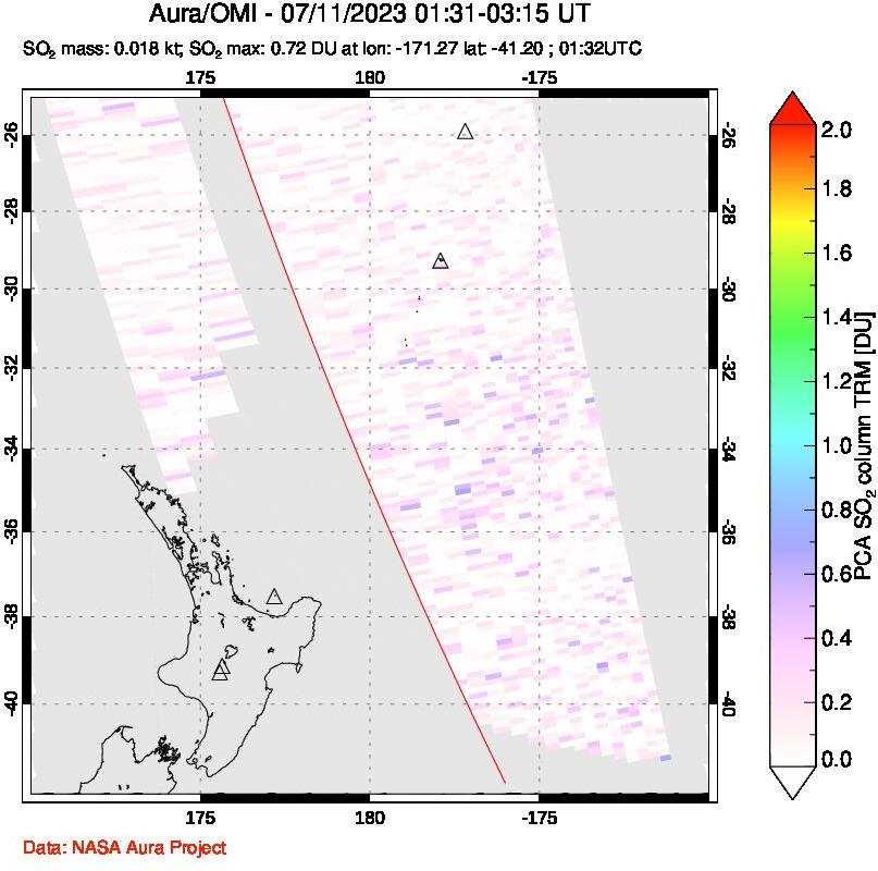 A sulfur dioxide image over New Zealand on Jul 11, 2023.
