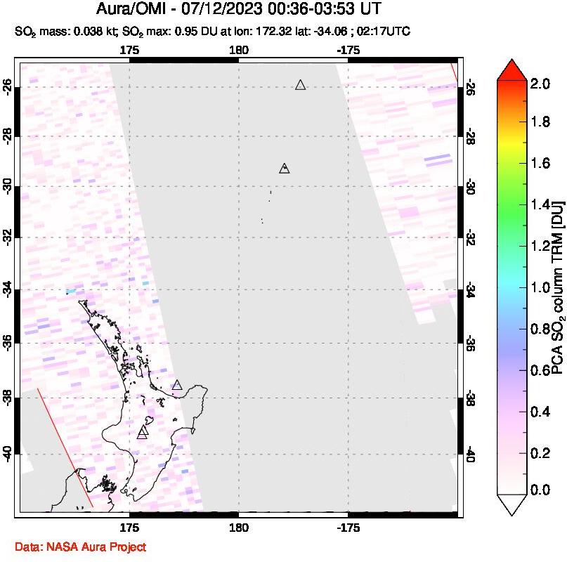 A sulfur dioxide image over New Zealand on Jul 12, 2023.