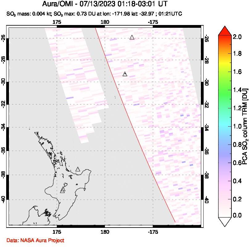 A sulfur dioxide image over New Zealand on Jul 13, 2023.