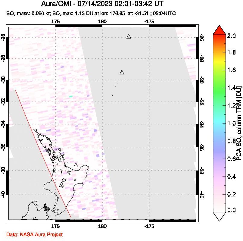 A sulfur dioxide image over New Zealand on Jul 14, 2023.