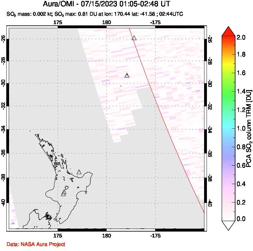 A sulfur dioxide image over New Zealand on Jul 15, 2023.