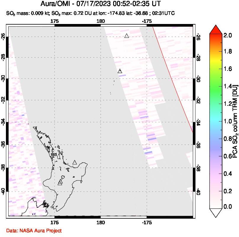 A sulfur dioxide image over New Zealand on Jul 17, 2023.