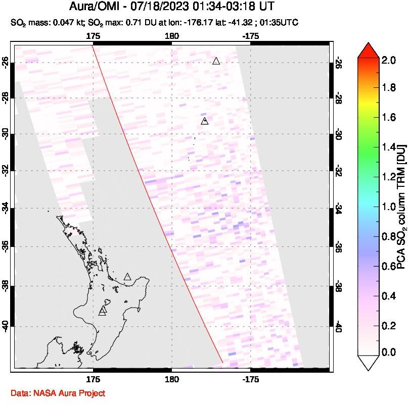 A sulfur dioxide image over New Zealand on Jul 18, 2023.