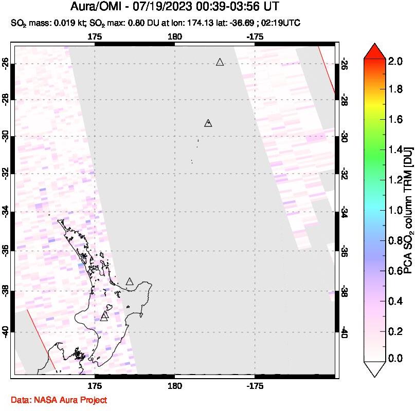 A sulfur dioxide image over New Zealand on Jul 19, 2023.